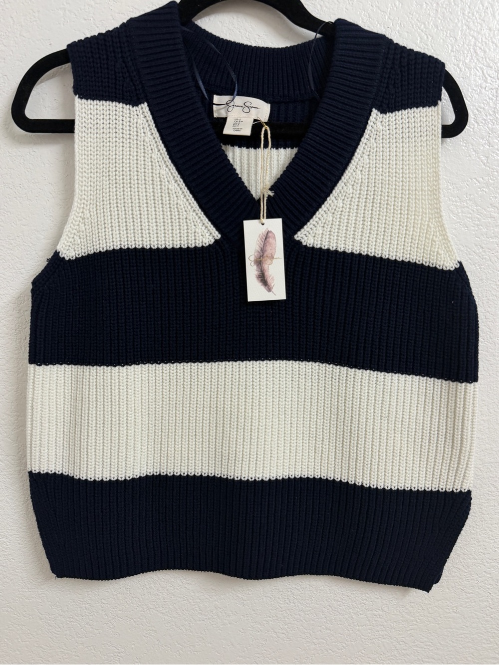 Jessica Simpson Navy and White Striped V-Neck Knit Sweater Vest